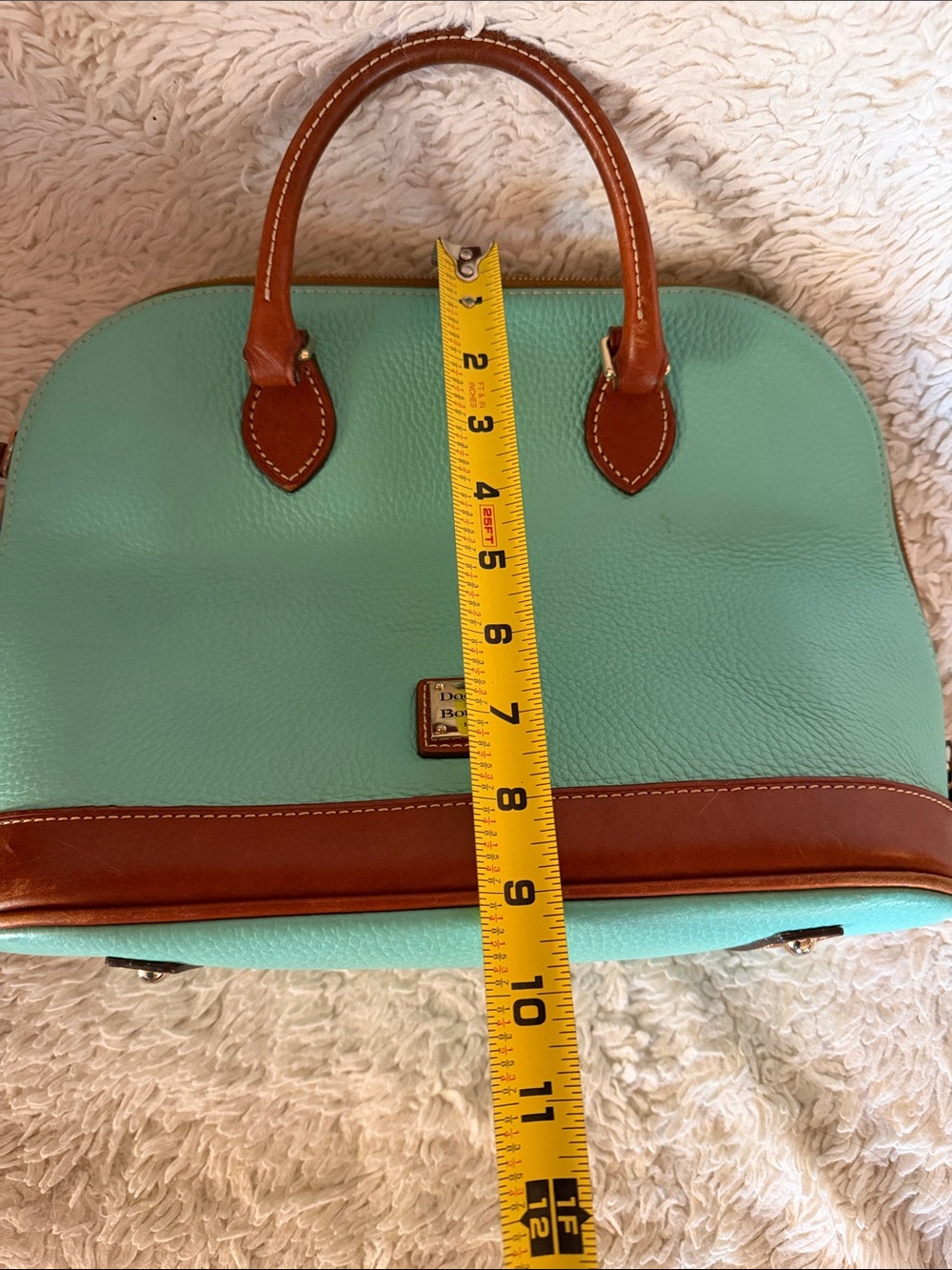 Dooney & Bourke Aqua Pebble Leather Satchel with Brown Trim and Handles - Picture 12 of 13